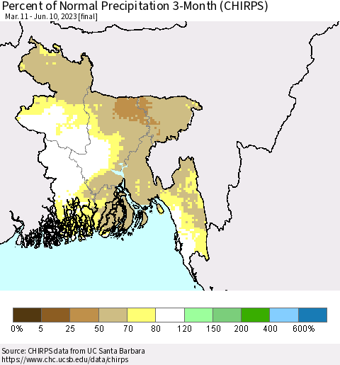 Bangladesh Percent of Normal Precipitation 3-Month (CHIRPS) Thematic Map For 3/11/2023 - 6/10/2023