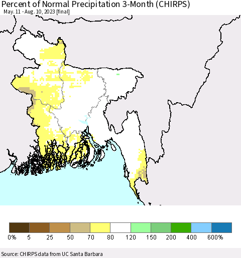 Bangladesh Percent of Normal Precipitation 3-Month (CHIRPS) Thematic Map For 5/11/2023 - 8/10/2023