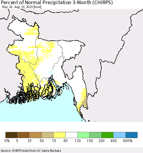 Bangladesh Percent of Normal Precipitation 3-Month (CHIRPS) Thematic Map For 5/16/2023 - 8/15/2023