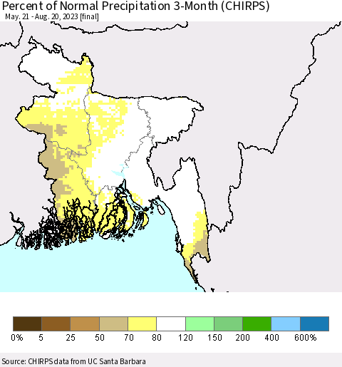 Bangladesh Percent of Normal Precipitation 3-Month (CHIRPS) Thematic Map For 5/21/2023 - 8/20/2023