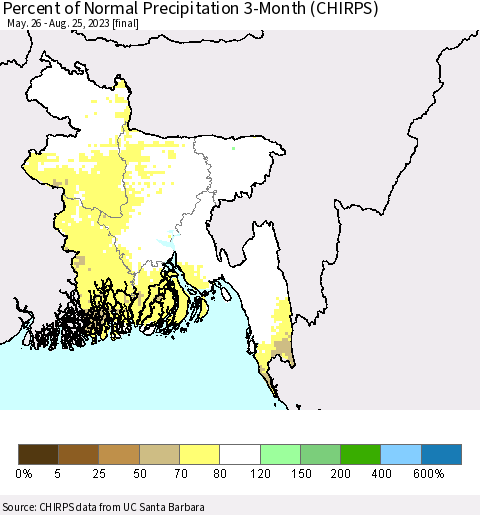 Bangladesh Percent of Normal Precipitation 3-Month (CHIRPS) Thematic Map For 5/26/2023 - 8/25/2023