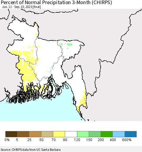 Bangladesh Percent of Normal Precipitation 3-Month (CHIRPS) Thematic Map For 6/11/2023 - 9/10/2023