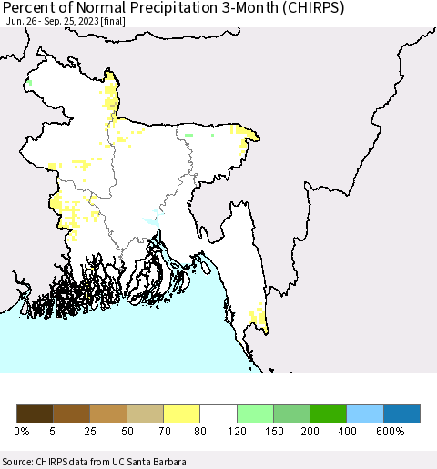 Bangladesh Percent of Normal Precipitation 3-Month (CHIRPS) Thematic Map For 6/26/2023 - 9/25/2023