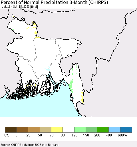 Bangladesh Percent of Normal Precipitation 3-Month (CHIRPS) Thematic Map For 7/16/2023 - 10/15/2023