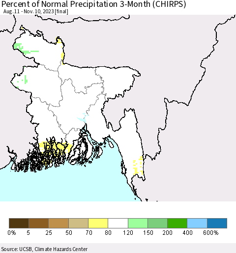 Bangladesh Percent of Normal Precipitation 3-Month (CHIRPS) Thematic Map For 8/11/2023 - 11/10/2023