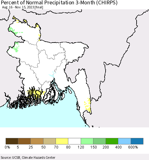Bangladesh Percent of Normal Precipitation 3-Month (CHIRPS) Thematic Map For 8/16/2023 - 11/15/2023