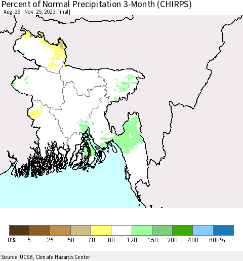 Bangladesh Percent of Normal Precipitation 3-Month (CHIRPS) Thematic Map For 8/26/2023 - 11/25/2023