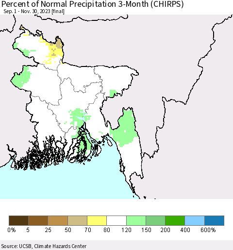 Bangladesh Percent of Normal Precipitation 3-Month (CHIRPS) Thematic Map For 9/1/2023 - 11/30/2023