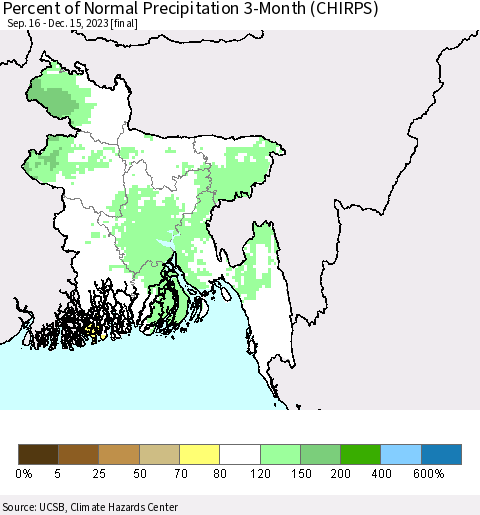 Bangladesh Percent of Normal Precipitation 3-Month (CHIRPS) Thematic Map For 9/16/2023 - 12/15/2023