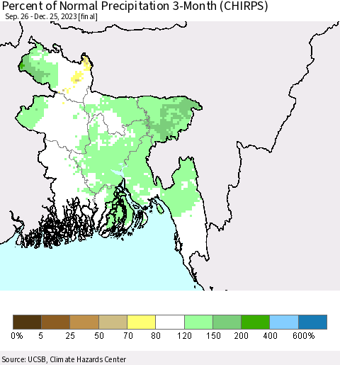 Bangladesh Percent of Normal Precipitation 3-Month (CHIRPS) Thematic Map For 9/26/2023 - 12/25/2023