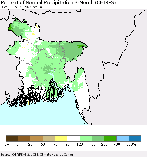 Bangladesh Percent of Normal Precipitation 3-Month (CHIRPS) Thematic Map For 10/1/2023 - 12/31/2023