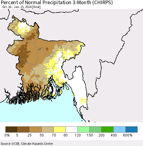 Bangladesh Percent of Normal Precipitation 3-Month (CHIRPS) Thematic Map For 10/16/2023 - 1/15/2024