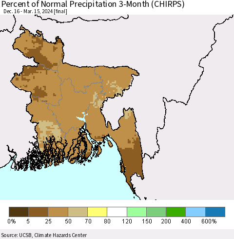 Bangladesh Percent of Normal Precipitation 3-Month (CHIRPS) Thematic Map For 12/16/2023 - 3/15/2024