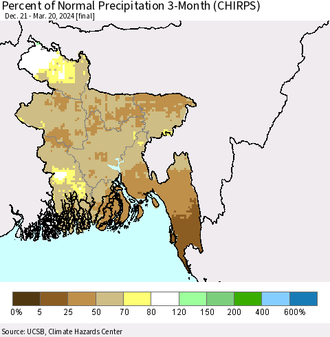 Bangladesh Percent of Normal Precipitation 3-Month (CHIRPS) Thematic Map For 12/21/2023 - 3/20/2024