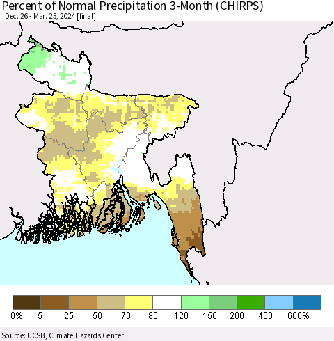 Bangladesh Percent of Normal Precipitation 3-Month (CHIRPS) Thematic Map For 12/26/2023 - 3/25/2024