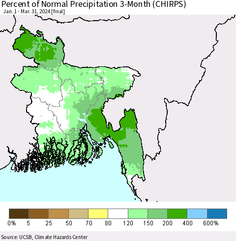 Bangladesh Percent of Normal Precipitation 3-Month (CHIRPS) Thematic Map For 1/1/2024 - 3/31/2024