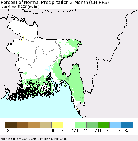 Bangladesh Percent of Normal Precipitation 3-Month (CHIRPS) Thematic Map For 1/6/2024 - 4/5/2024