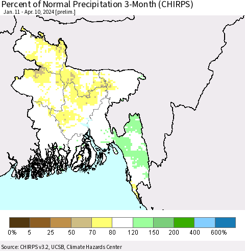 Bangladesh Percent of Normal Precipitation 3-Month (CHIRPS) Thematic Map For 1/11/2024 - 4/10/2024
