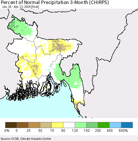 Bangladesh Percent of Normal Precipitation 3-Month (CHIRPS) Thematic Map For 1/16/2024 - 4/15/2024