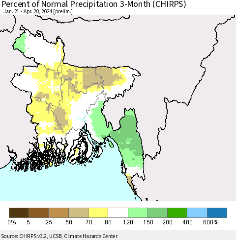 Bangladesh Percent of Normal Precipitation 3-Month (CHIRPS) Thematic Map For 1/21/2024 - 4/20/2024