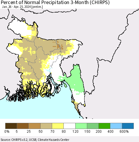 Bangladesh Percent of Normal Precipitation 3-Month (CHIRPS) Thematic Map For 1/26/2024 - 4/25/2024