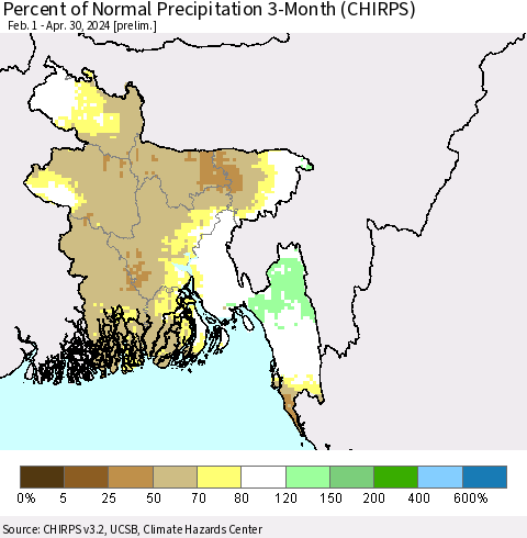 Bangladesh Percent of Normal Precipitation 3-Month (CHIRPS) Thematic Map For 2/1/2024 - 4/30/2024