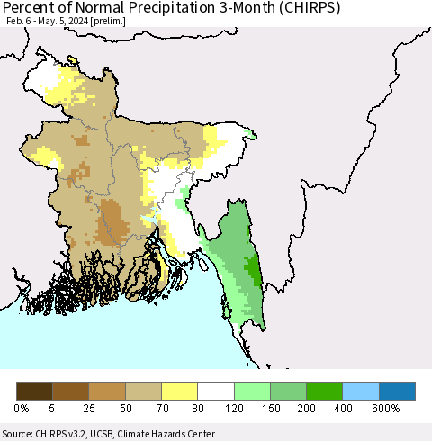 Bangladesh Percent of Normal Precipitation 3-Month (CHIRPS) Thematic Map For 2/6/2024 - 5/5/2024