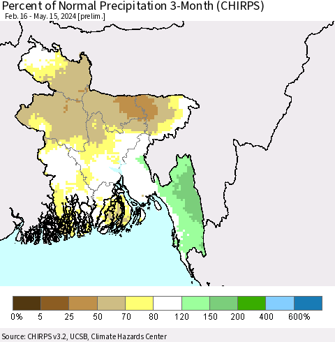 Bangladesh Percent of Normal Precipitation 3-Month (CHIRPS) Thematic Map For 2/16/2024 - 5/15/2024