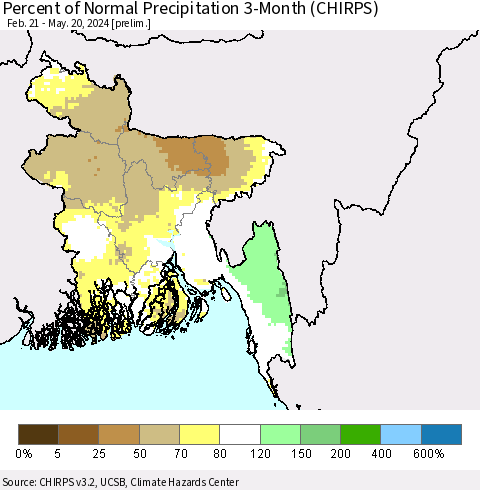 Bangladesh Percent of Normal Precipitation 3-Month (CHIRPS) Thematic Map For 2/21/2024 - 5/20/2024