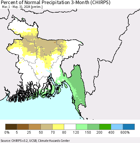 Bangladesh Percent of Normal Precipitation 3-Month (CHIRPS) Thematic Map For 3/1/2024 - 5/31/2024