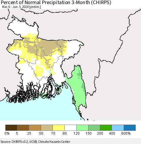 Bangladesh Percent of Normal Precipitation 3-Month (CHIRPS) Thematic Map For 3/6/2024 - 6/5/2024