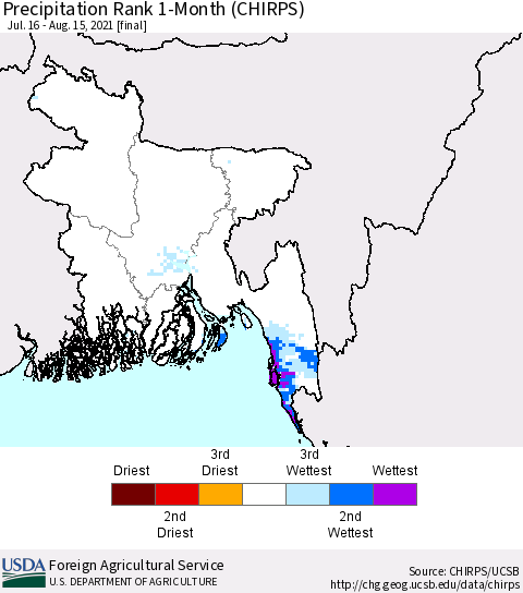 Bangladesh Precipitation Rank since 1981, 1-Month (CHIRPS) Thematic Map For 7/16/2021 - 8/15/2021