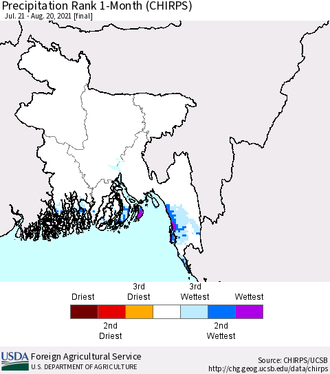Bangladesh Precipitation Rank since 1981, 1-Month (CHIRPS) Thematic Map For 7/21/2021 - 8/20/2021