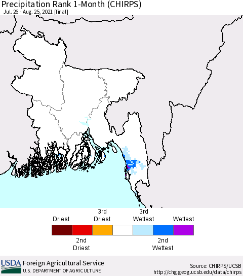 Bangladesh Precipitation Rank since 1981, 1-Month (CHIRPS) Thematic Map For 7/26/2021 - 8/25/2021