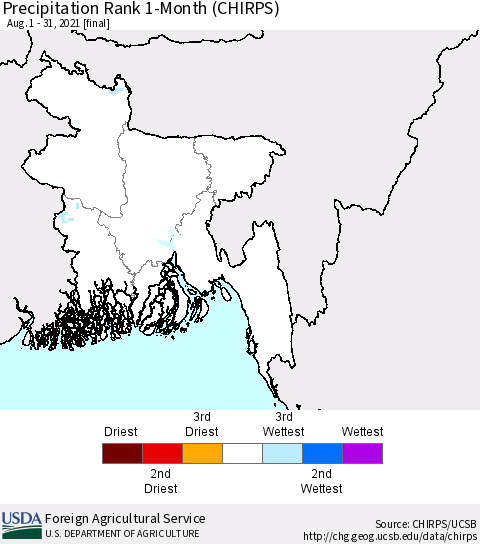 Bangladesh Precipitation Rank since 1981, 1-Month (CHIRPS) Thematic Map For 8/1/2021 - 8/31/2021