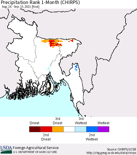Bangladesh Precipitation Rank since 1981, 1-Month (CHIRPS) Thematic Map For 8/16/2021 - 9/15/2021