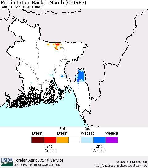 Bangladesh Precipitation Rank since 1981, 1-Month (CHIRPS) Thematic Map For 8/21/2021 - 9/20/2021