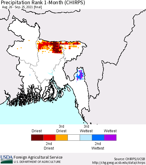 Bangladesh Precipitation Rank since 1981, 1-Month (CHIRPS) Thematic Map For 8/26/2021 - 9/25/2021