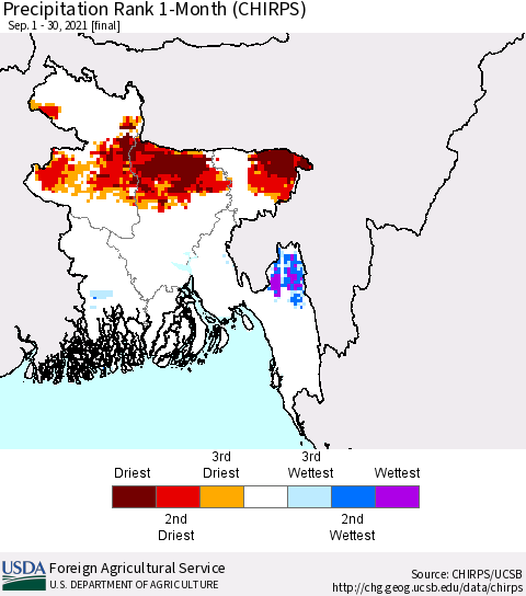 Bangladesh Precipitation Rank since 1981, 1-Month (CHIRPS) Thematic Map For 9/1/2021 - 9/30/2021