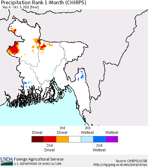 Bangladesh Precipitation Rank since 1981, 1-Month (CHIRPS) Thematic Map For 9/6/2021 - 10/5/2021