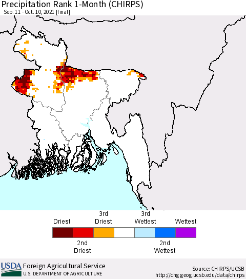 Bangladesh Precipitation Rank since 1981, 1-Month (CHIRPS) Thematic Map For 9/11/2021 - 10/10/2021