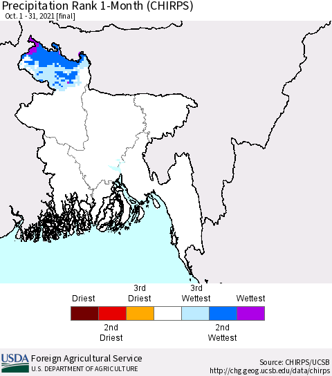 Bangladesh Precipitation Rank since 1981, 1-Month (CHIRPS) Thematic Map For 10/1/2021 - 10/31/2021