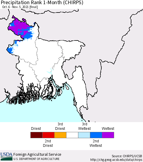 Bangladesh Precipitation Rank since 1981, 1-Month (CHIRPS) Thematic Map For 10/6/2021 - 11/5/2021