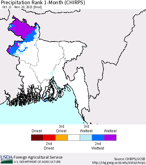 Bangladesh Precipitation Rank since 1981, 1-Month (CHIRPS) Thematic Map For 10/11/2021 - 11/10/2021