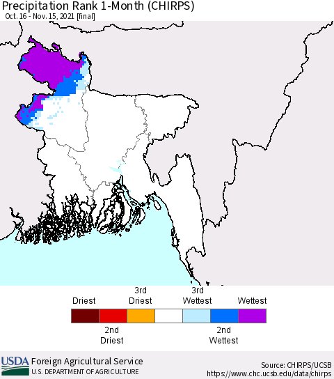 Bangladesh Precipitation Rank since 1981, 1-Month (CHIRPS) Thematic Map For 10/16/2021 - 11/15/2021