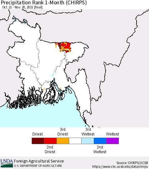 Bangladesh Precipitation Rank since 1981, 1-Month (CHIRPS) Thematic Map For 10/21/2021 - 11/20/2021