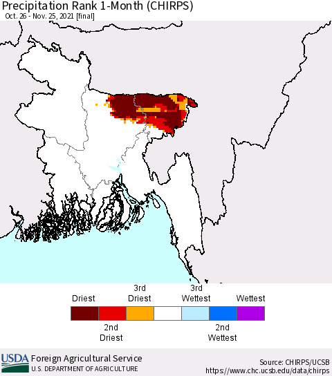 Bangladesh Precipitation Rank since 1981, 1-Month (CHIRPS) Thematic Map For 10/26/2021 - 11/25/2021