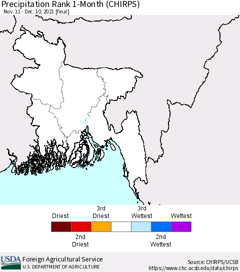Bangladesh Precipitation Rank since 1981, 1-Month (CHIRPS) Thematic Map For 11/11/2021 - 12/10/2021