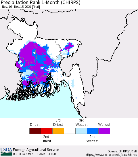 Bangladesh Precipitation Rank since 1981, 1-Month (CHIRPS) Thematic Map For 11/16/2021 - 12/15/2021