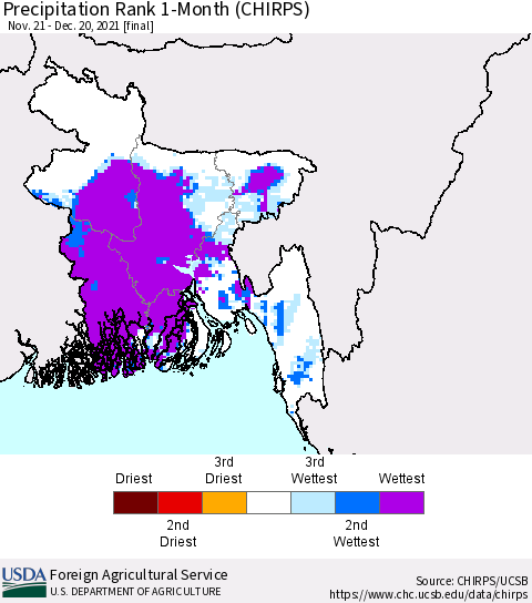 Bangladesh Precipitation Rank since 1981, 1-Month (CHIRPS) Thematic Map For 11/21/2021 - 12/20/2021